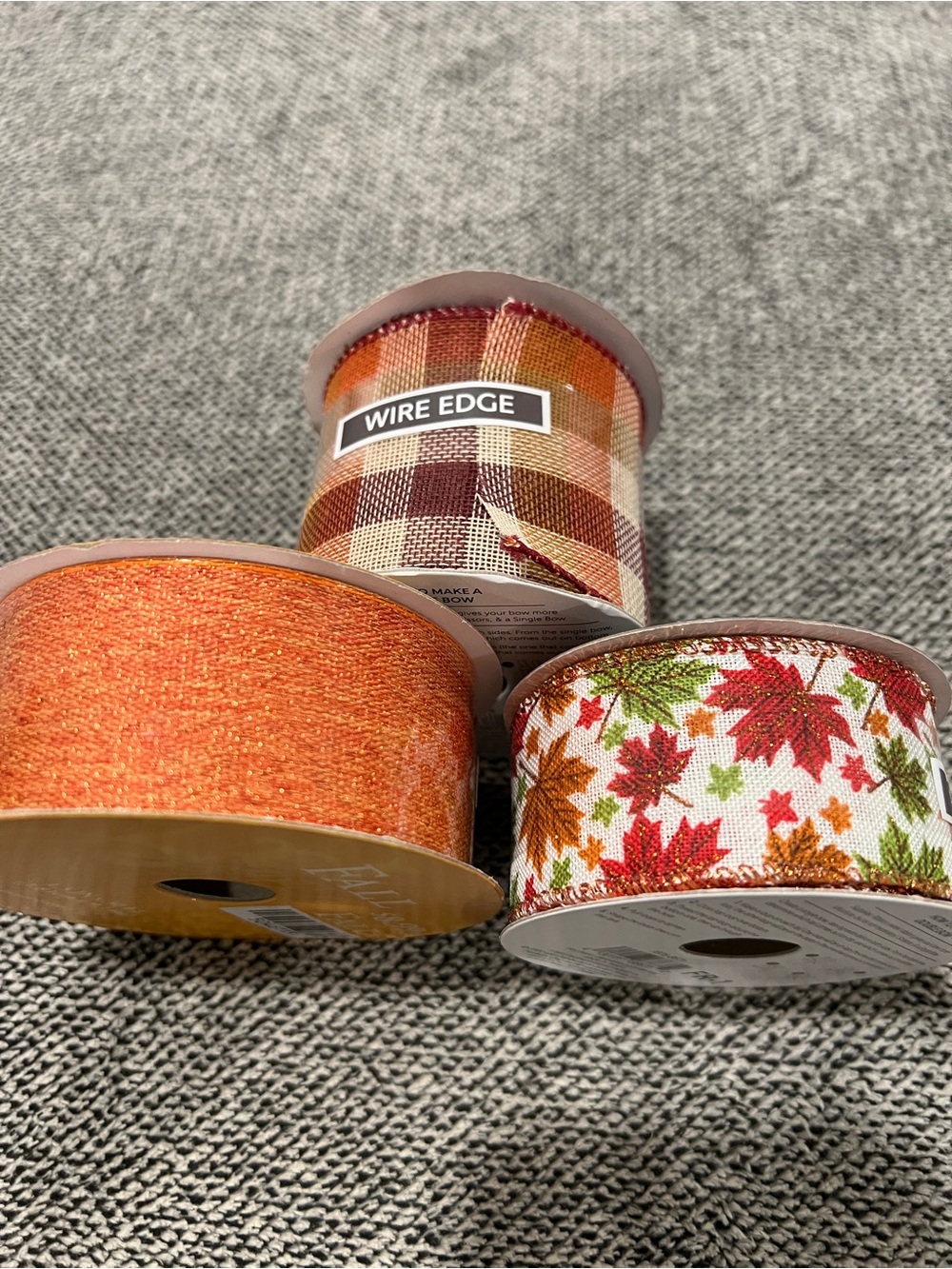 Autumn Decorative Ribbon Trio - Orange, Plaid, Leaf Print